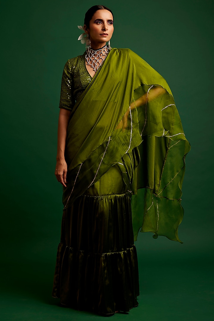 Olive Silk Satin Kasab Work Ruffled Saree Set by Apeksha Jain Label