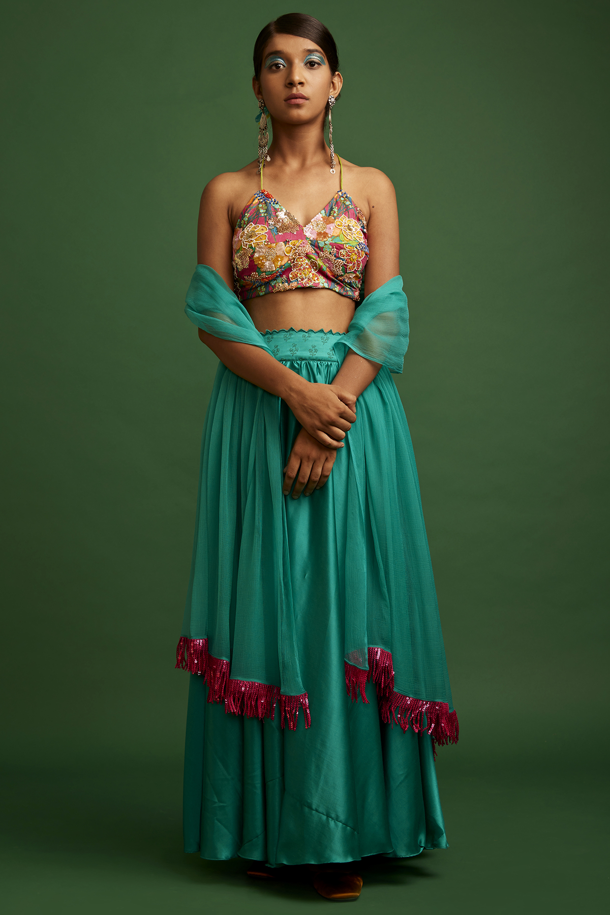 Turquoise Satin Silk Lehenga Set by Apeksha Jain Label at Pernia's Pop Up Shop