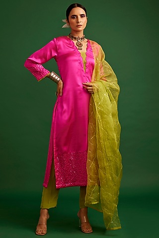 Rani Pink Silk Satin Sequins Kurta Set by Apeksha Jain Label