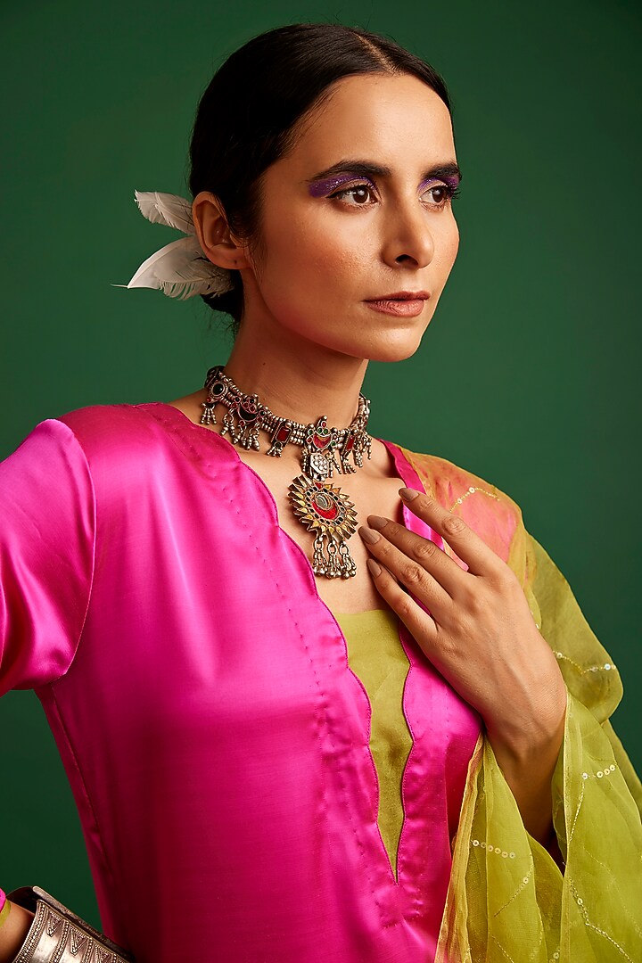 Rani Pink Silk Satin Sequins Kurta Set by Apeksha Jain Label at Pernia's Pop Up Shop