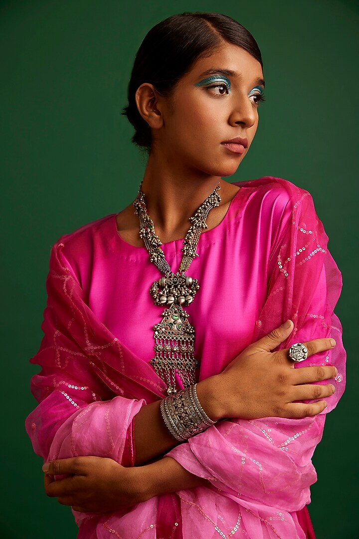 Rani Pink Silk Satin Sequins Kurta Set by Apeksha Jain Label at Pernia's Pop Up Shop