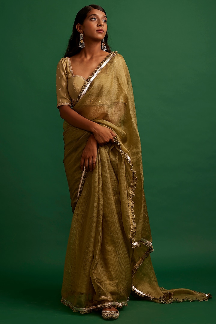 Light Olive Kota Silk Frilled Saree Set by Apeksha Jain Label