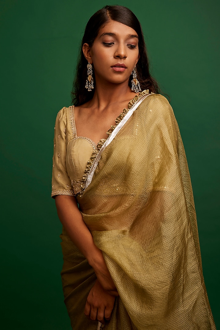 Light Olive Kota Silk Frilled Party Wear Saree Set by Apeksha Jain Label at Pernia's Pop Up Shop
