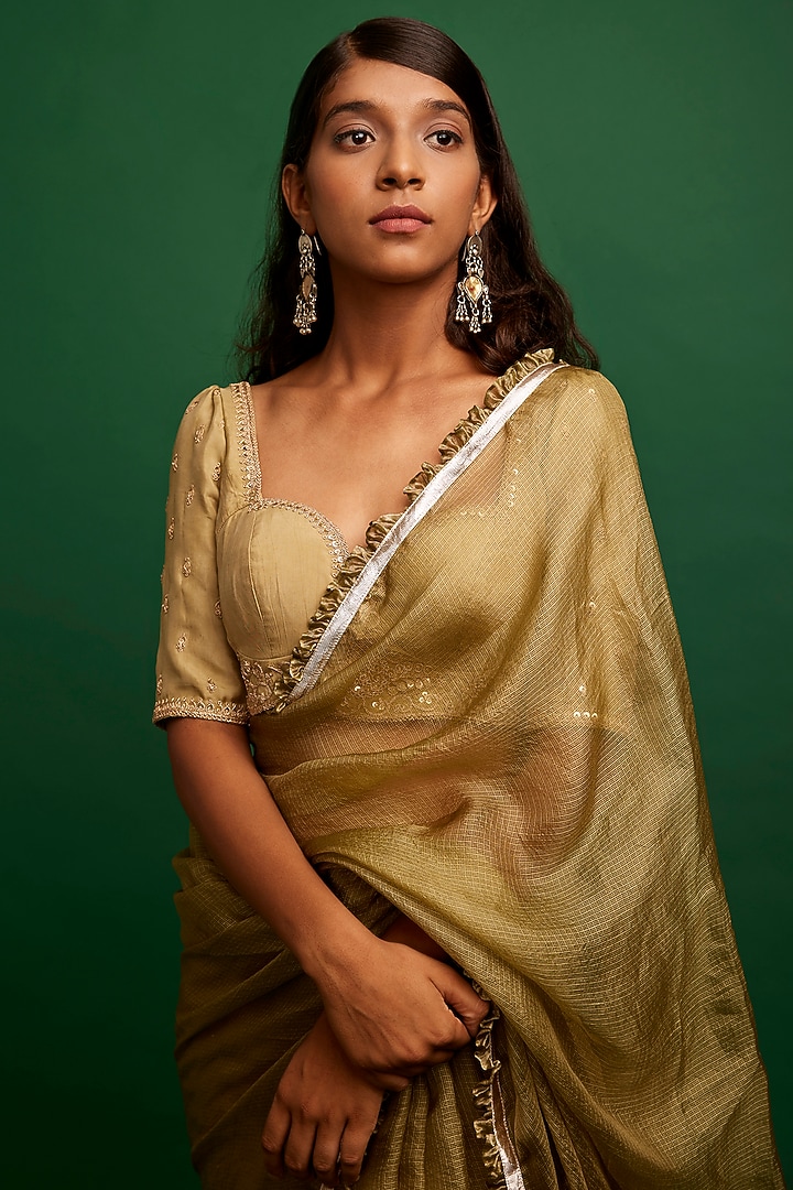 Light Olive Kota Silk Frilled Party Wear Saree Set by Apeksha Jain Label at Pernia's Pop Up Shop