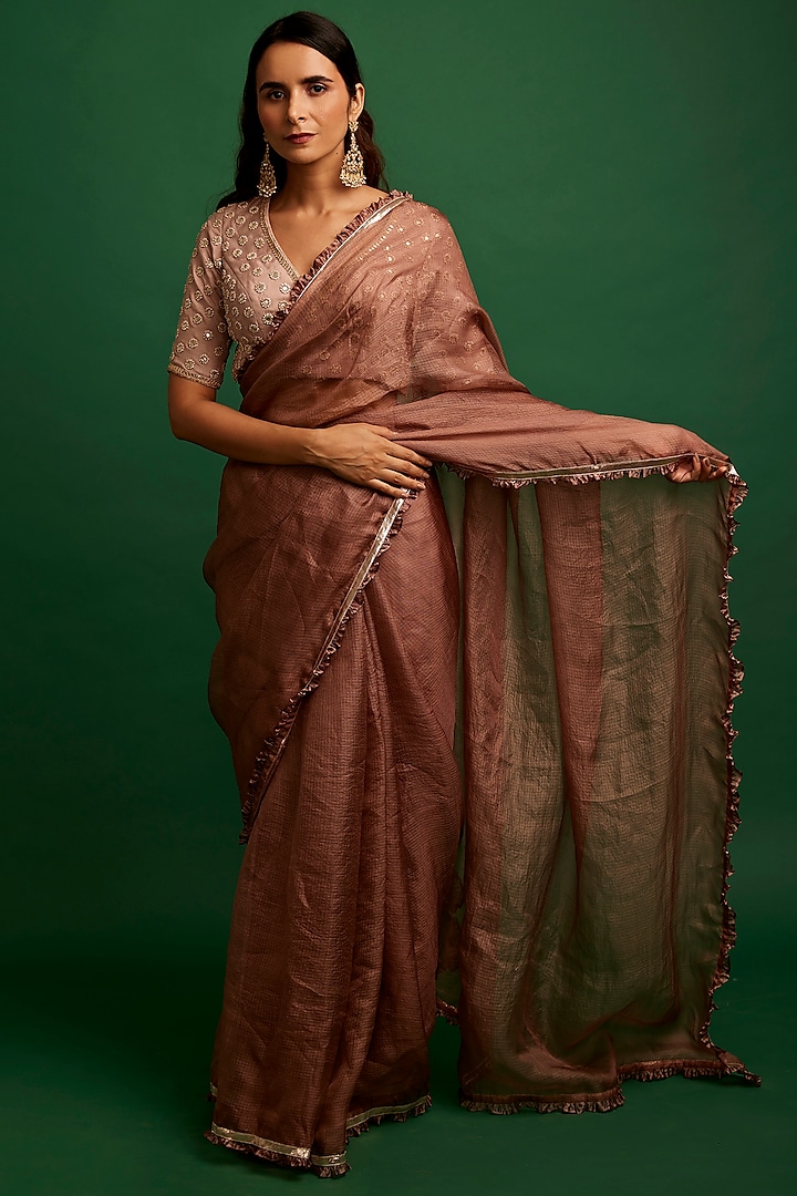 Old Rose Pink Kota Silk Frilled Saree Set by Apeksha Jain Label