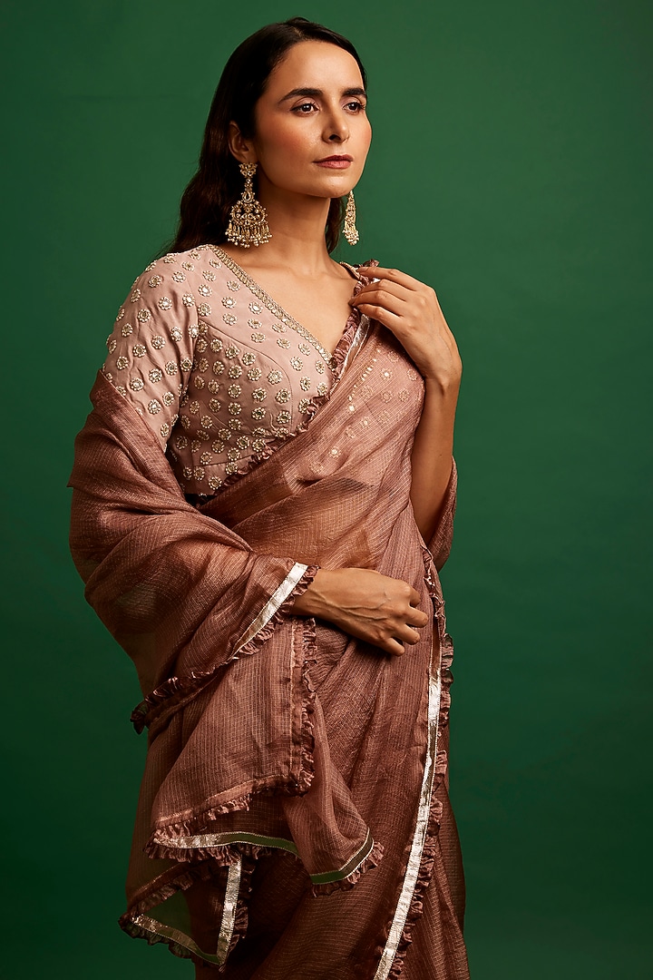 Old Rose Pink Kota Silk Frilled Party Wear Saree Set by Apeksha Jain Label at Pernia's Pop Up Shop