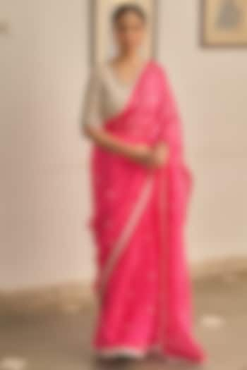 Pink Kota Silk Cutdana Hand & Machine Embroidered Saree Set by Apeksha Jain Label