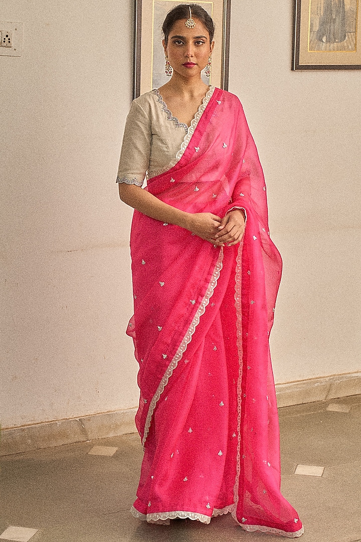 Pink Kota Silk Cutdana Hand & Machine Embroidered Saree Set by Apeksha Jain Label