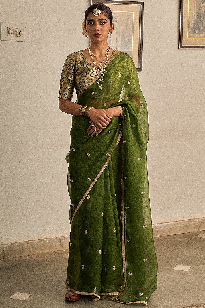 Green Kota Silk Marori & Kiran Lace Hand Embroidered Saree Set by Apeksha Jain Label