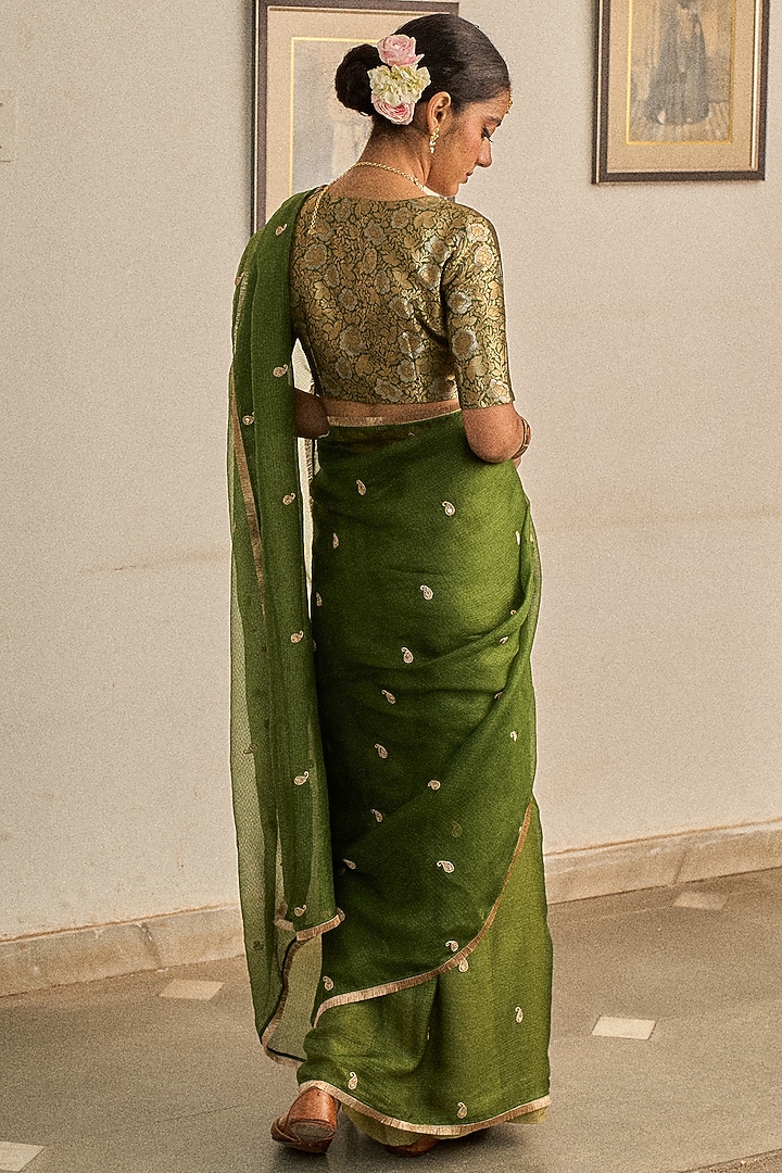 Green Kota Silk Marori & Kiran Lace Hand Embroidered Party Wear Saree Set by Apeksha Jain Label at Pernia's Pop Up Shop