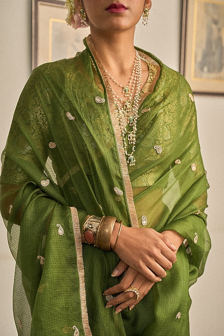 Green Kota Silk Marori & Kiran Lace Hand Embroidered Party Wear Saree Set by Apeksha Jain Label at Pernia's Pop Up Shop
