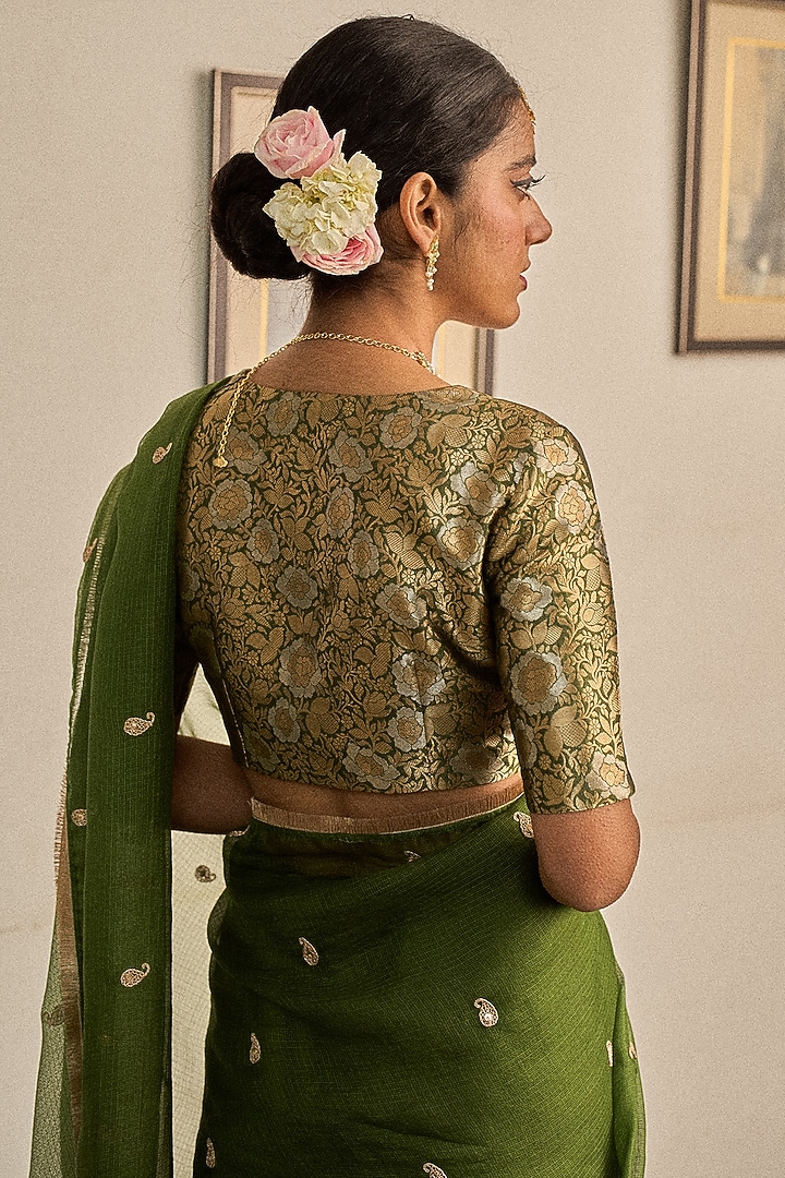 Green Kota Silk Marori & Kiran Lace Hand Embroidered Party Wear Saree Set by Apeksha Jain Label at Pernia's Pop Up Shop