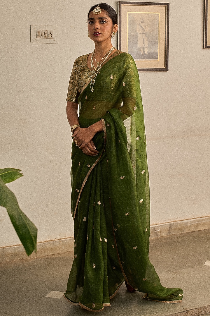 Green Kota Silk Marori & Kiran Lace Hand Embroidered Party Wear Saree Set by Apeksha Jain Label at Pernia's Pop Up Shop