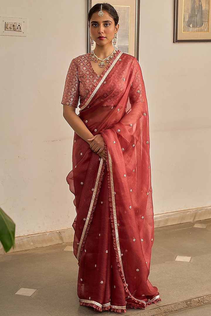 Carrot Pink Kota Silk Gota Lace Hand Embroidered Saree Set by Apeksha Jain Label at Pernia's Pop Up Shop