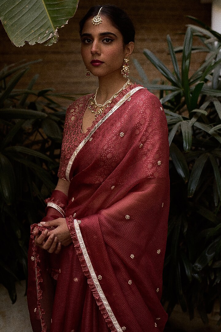 Carrot Pink Kota Silk Gota Lace Hand Embroidered Party Wear Saree Set by Apeksha Jain Label at Pernia's Pop Up Shop