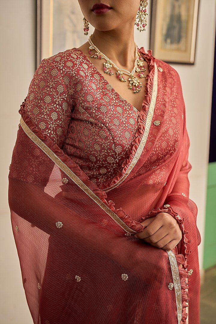Carrot Pink Kota Silk Gota Lace Hand Embroidered Party Wear Saree Set by Apeksha Jain Label at Pernia's Pop Up Shop