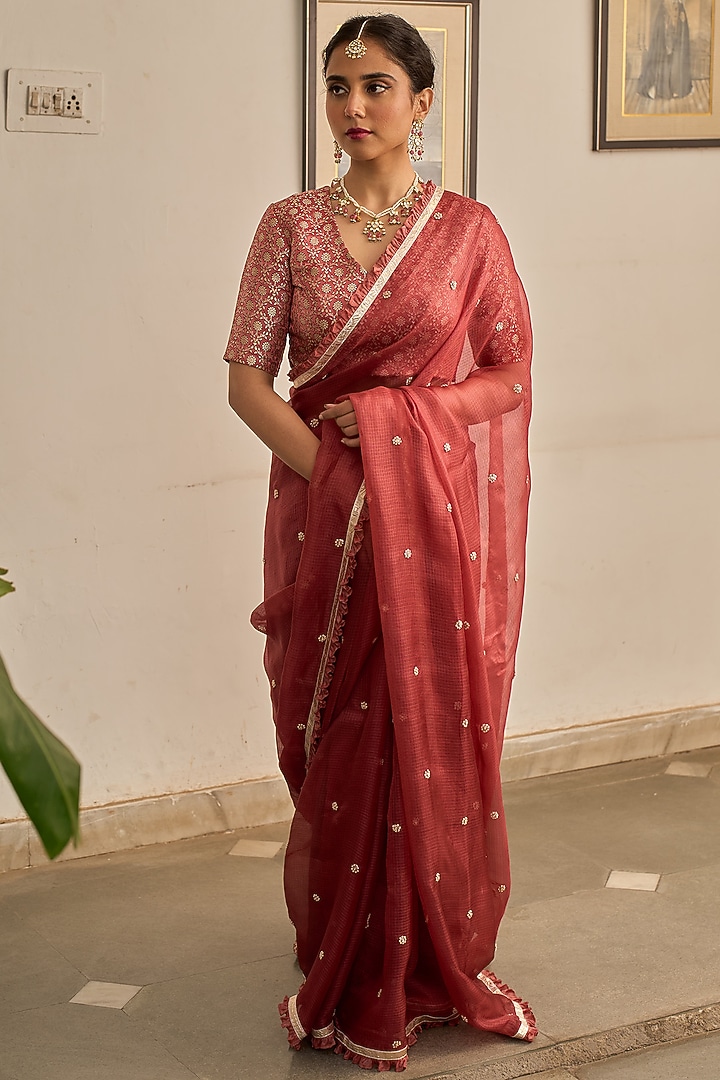 Carrot Pink Kota Silk Gota Lace Hand Embroidered Party Wear Saree Set by Apeksha Jain Label at Pernia's Pop Up Shop