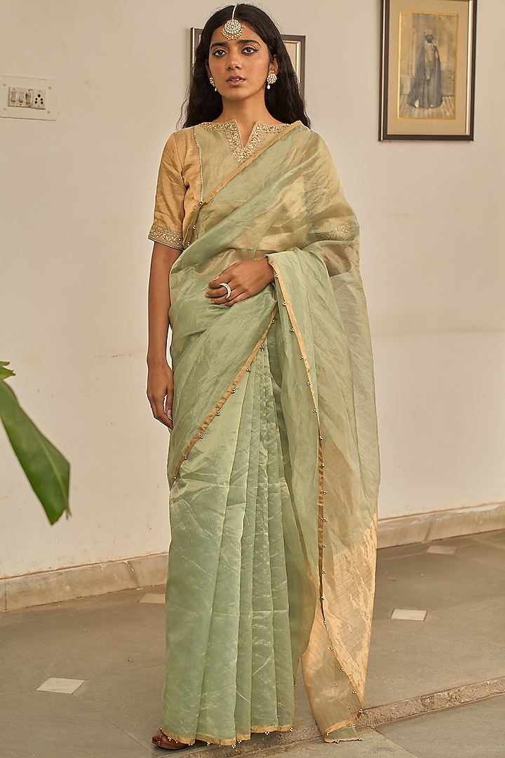 Pista Green Tissue Saree Set by Apeksha Jain Label