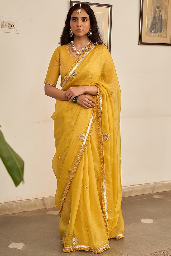 Olive Yellow Kota Silk Marori Hand Embroidered Saree Set by Apeksha Jain Label at Pernia's Pop Up Shop