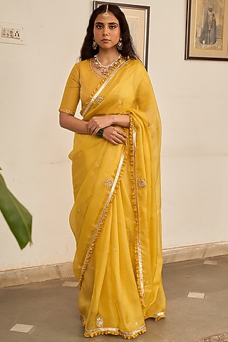 Olive Yellow Kota Silk Marori Hand Embroidered Saree Set by Apeksha Jain Label