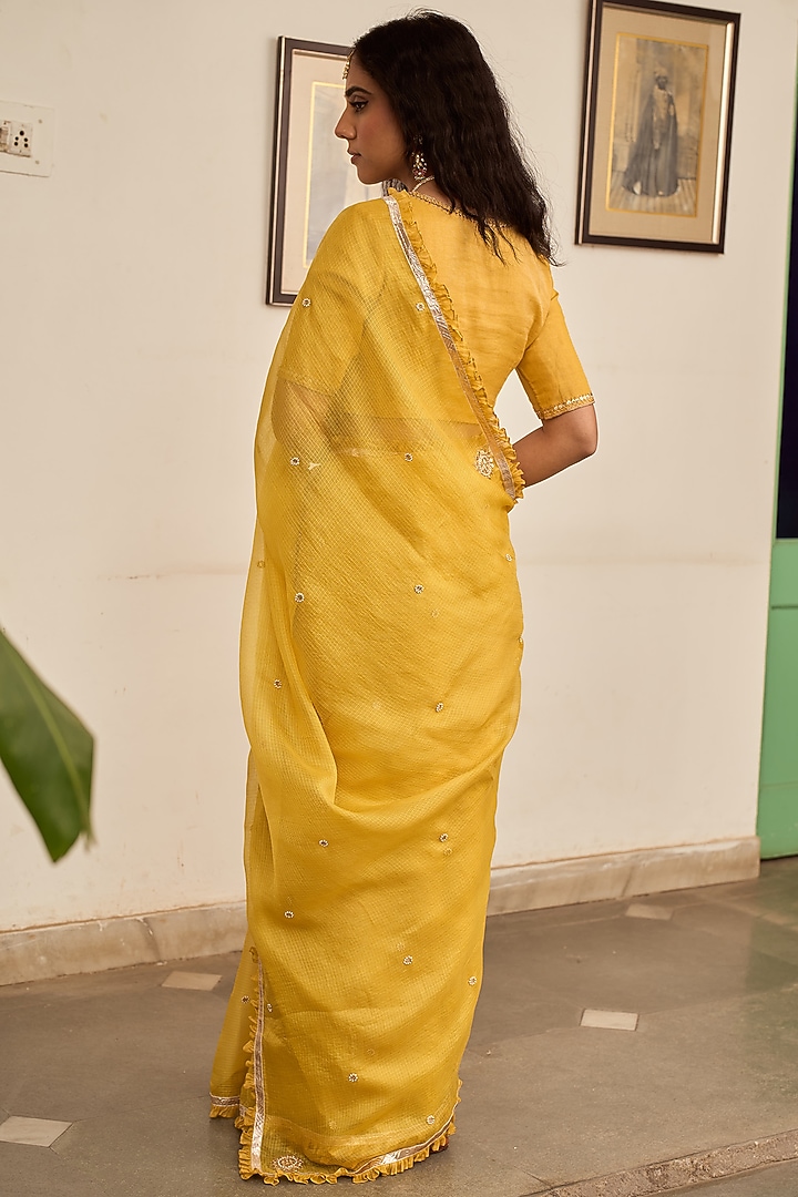 Olive Yellow Kota Silk Marori Hand Embroidered Party Wear Saree Set by Apeksha Jain Label at Pernia's Pop Up Shop