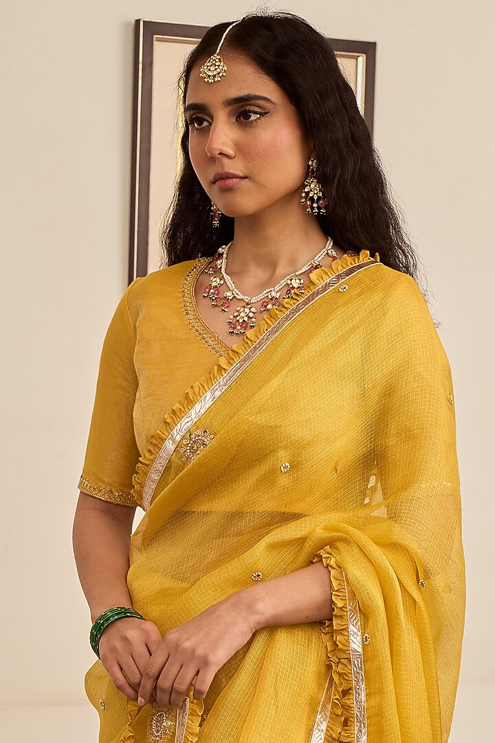 Olive Yellow Kota Silk Marori Hand Embroidered Party Wear Saree Set by Apeksha Jain Label at Pernia's Pop Up Shop
