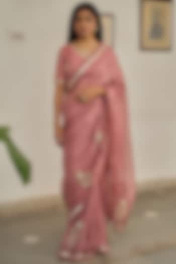 Old Rose Kota Silk Marori Hand Embroidered Saree Set by Apeksha Jain Label