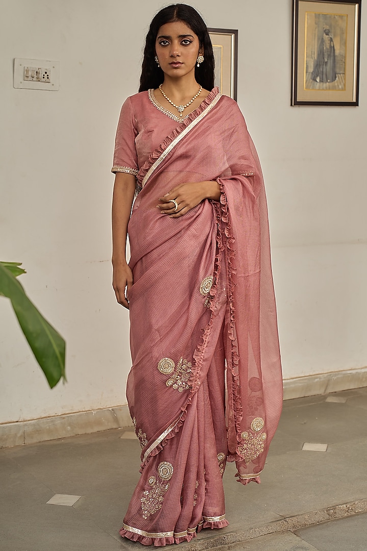Old Rose Kota Silk Marori Hand Embroidered Saree Set by Apeksha Jain Label