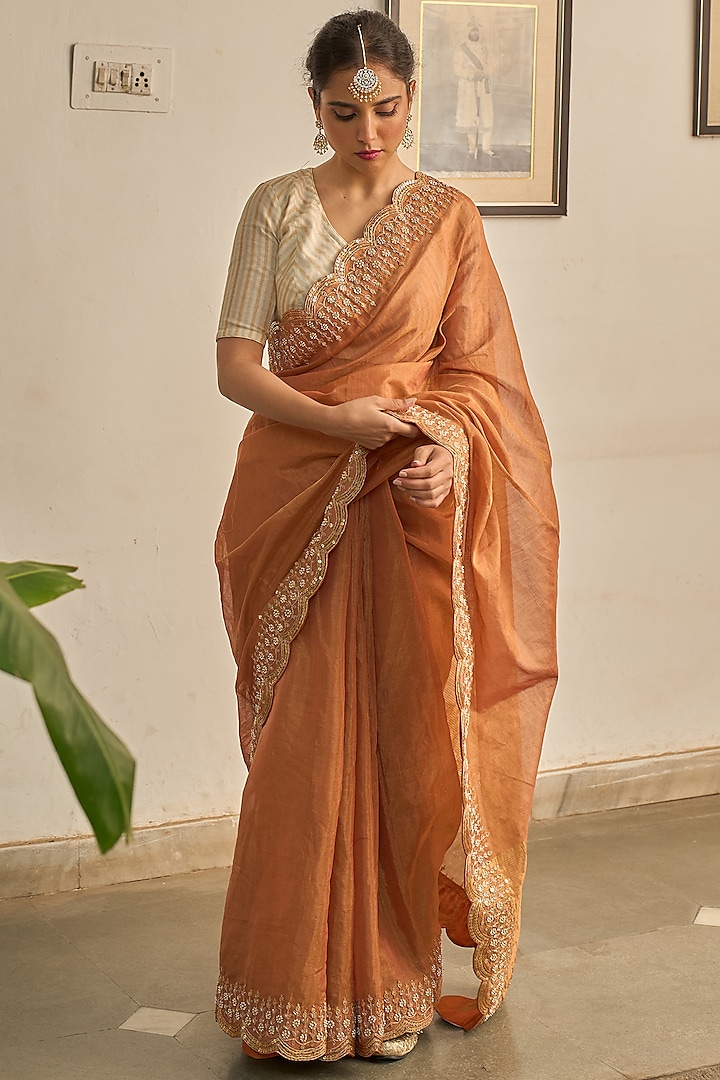 Rust Tissue Marori Hand Embroidered Saree Set by Apeksha Jain Label