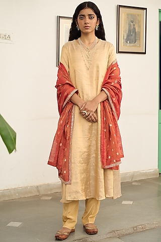 Gold Tissue Marori Hand Embroidered Anarkali Set by Apeksha Jain Label