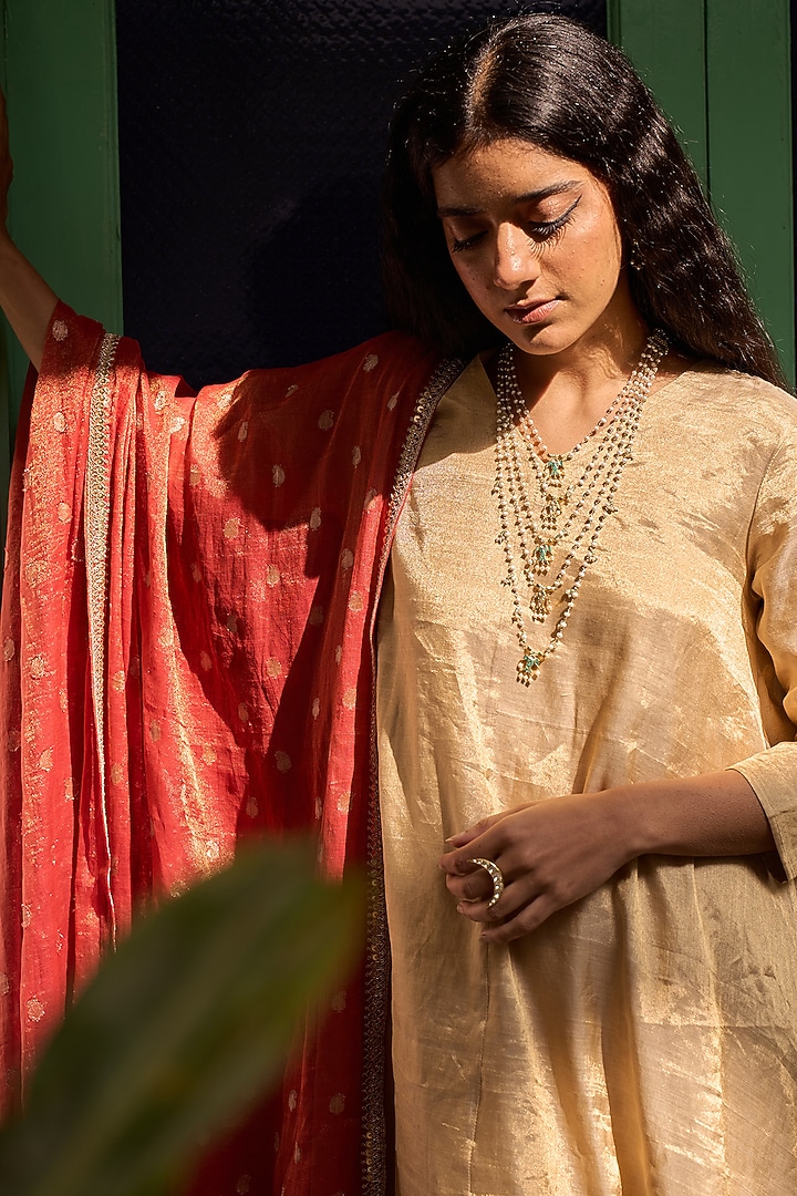 Gold Tissue Marori Hand Embroidered Party Wear Anarkali Set by Apeksha Jain Label at Pernia's Pop Up Shop