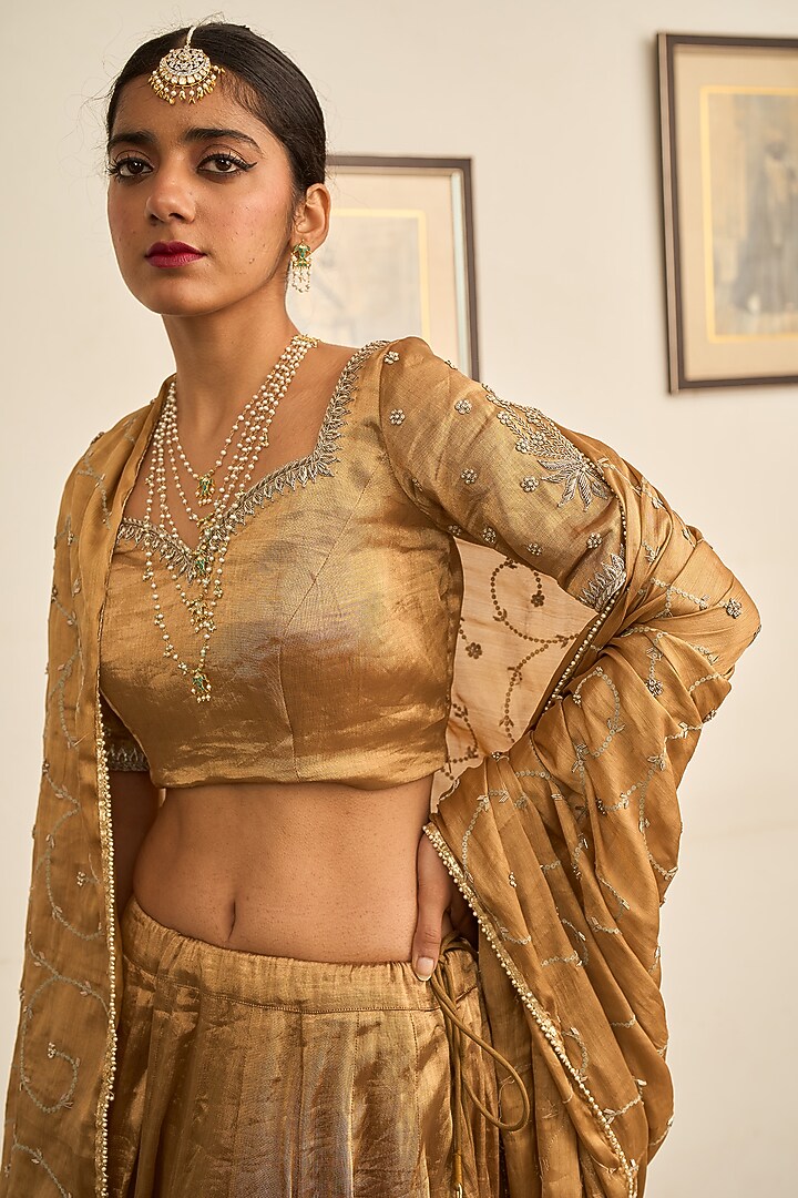 Gold Tissue Zardosi Hand Embroidered Wedding Lehenga Set by Apeksha Jain Label at Pernia's Pop Up Shop