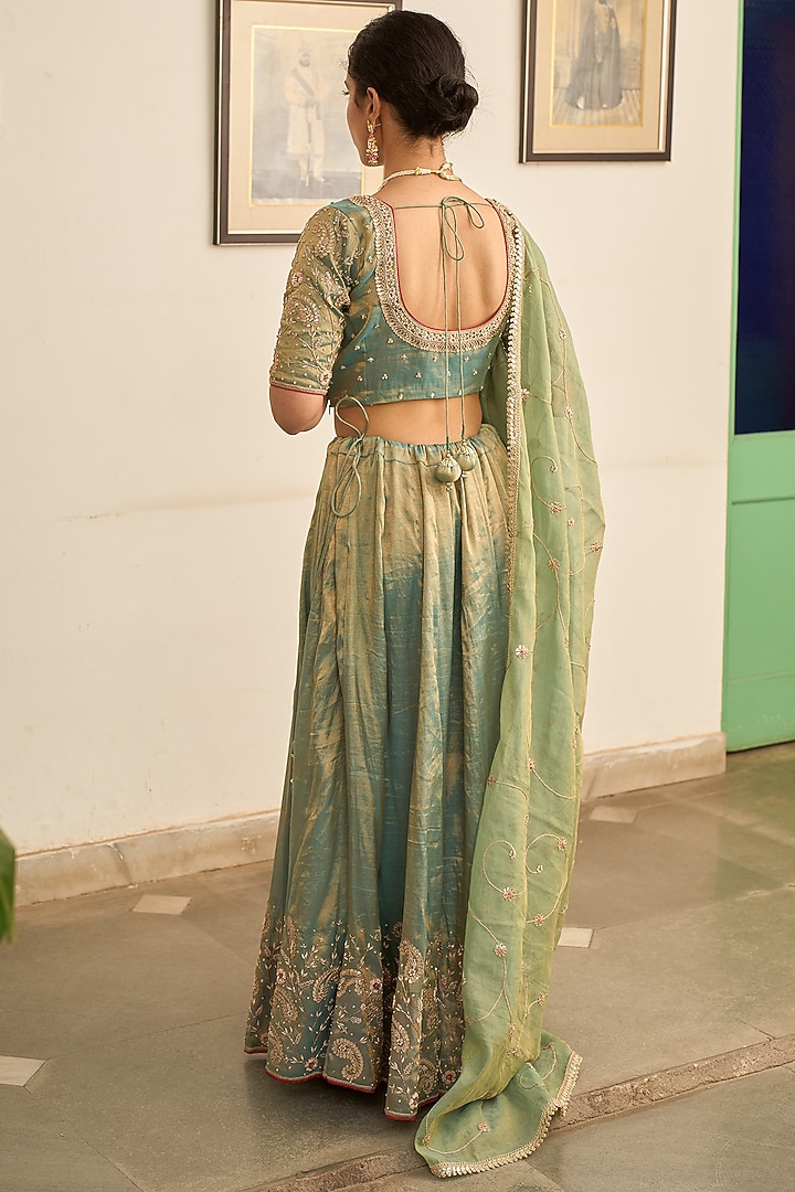 Turquoise Tissue Zardosi Hand Embroidered Wedding Lehenga Set by Apeksha Jain Label at Pernia's Pop Up Shop