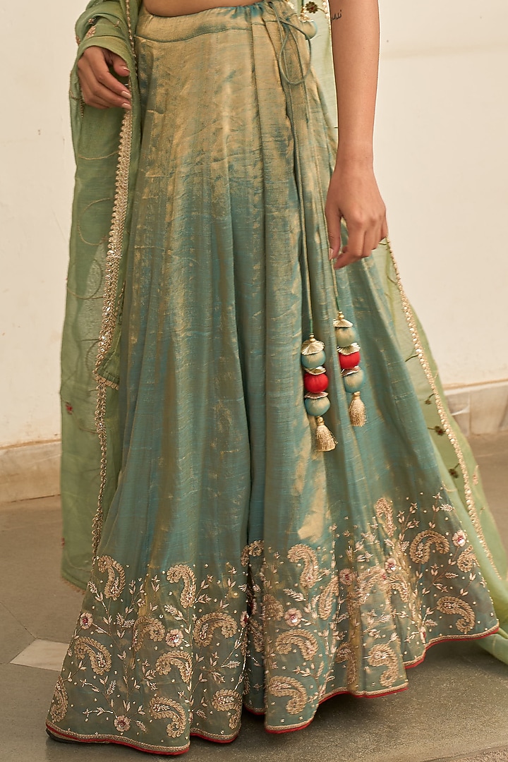 Turquoise Tissue Zardosi Hand Embroidered Wedding Lehenga Set by Apeksha Jain Label at Pernia's Pop Up Shop