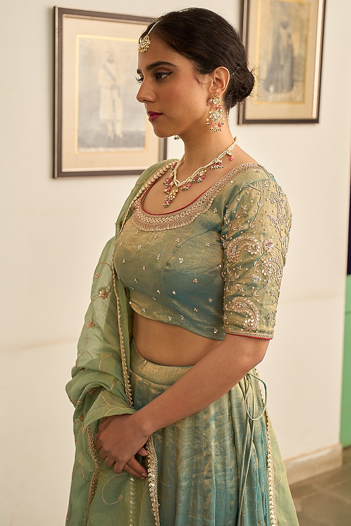 Turquoise Tissue Zardosi Hand Embroidered Wedding Lehenga Set by Apeksha Jain Label at Pernia's Pop Up Shop