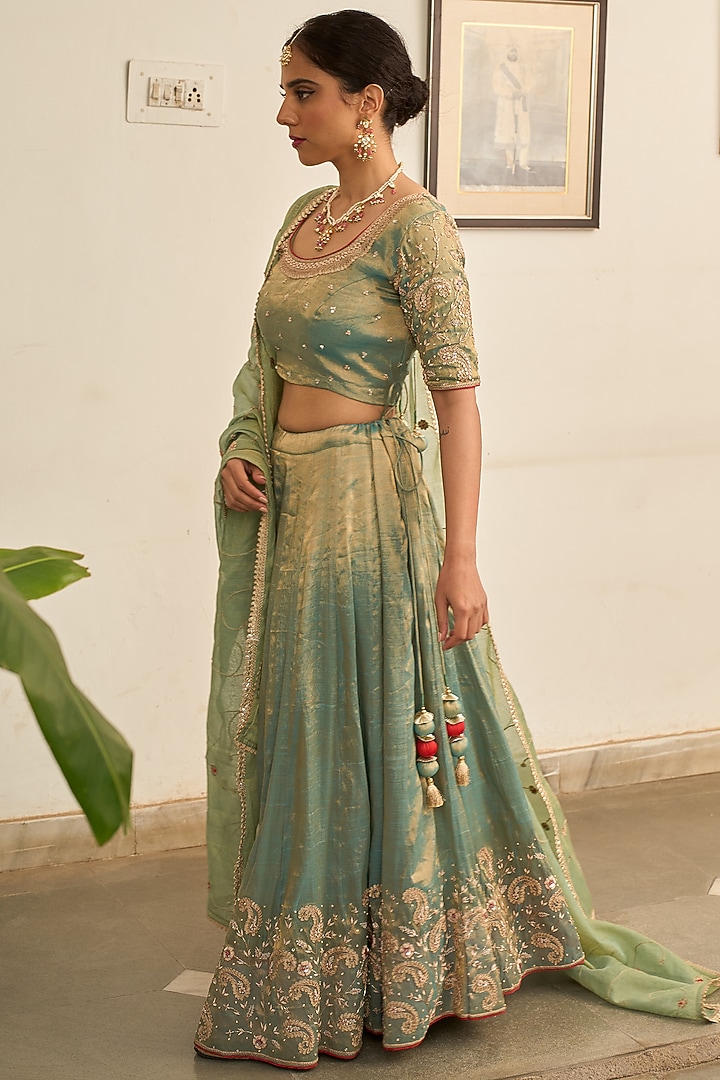 Turquoise Tissue Zardosi Hand Embroidered Wedding Lehenga Set by Apeksha Jain Label at Pernia's Pop Up Shop