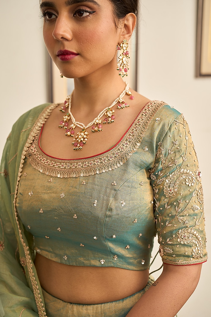 Turquoise Tissue Zardosi Hand Embroidered Wedding Lehenga Set by Apeksha Jain Label at Pernia's Pop Up Shop