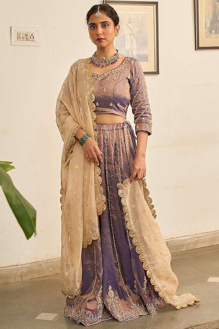 Purple Tissue Zardosi Hand Embroidered Lehenga Set by Apeksha Jain Label