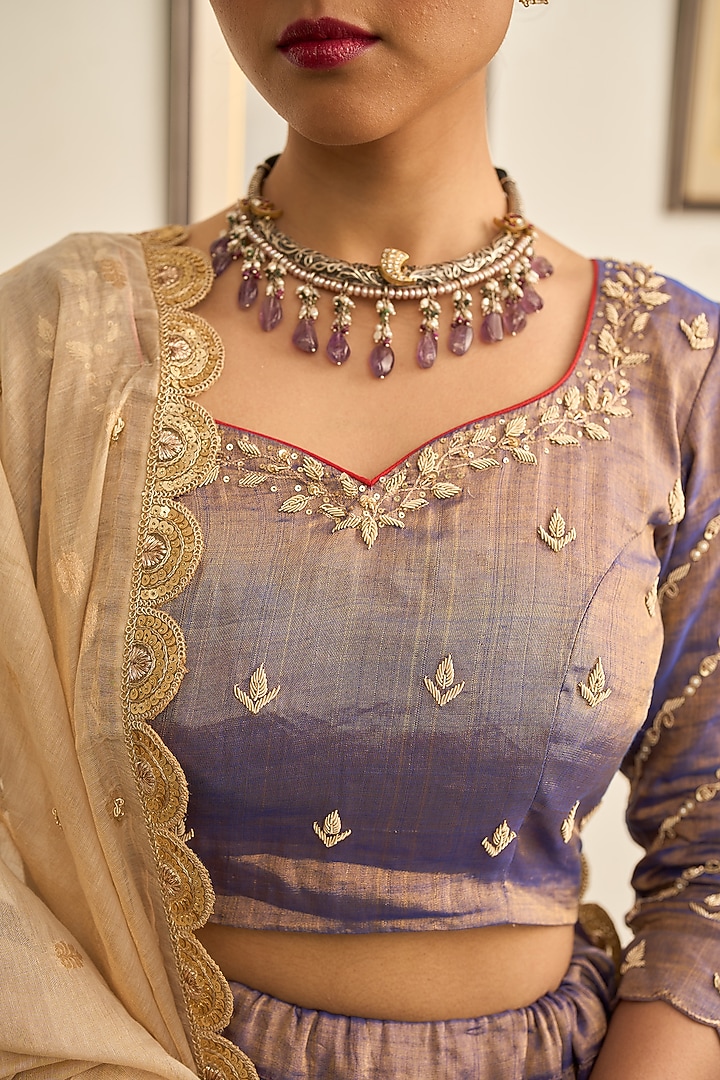 Purple Tissue Zardosi Hand Embroidered Wedding Lehenga Set by Apeksha Jain Label at Pernia's Pop Up Shop