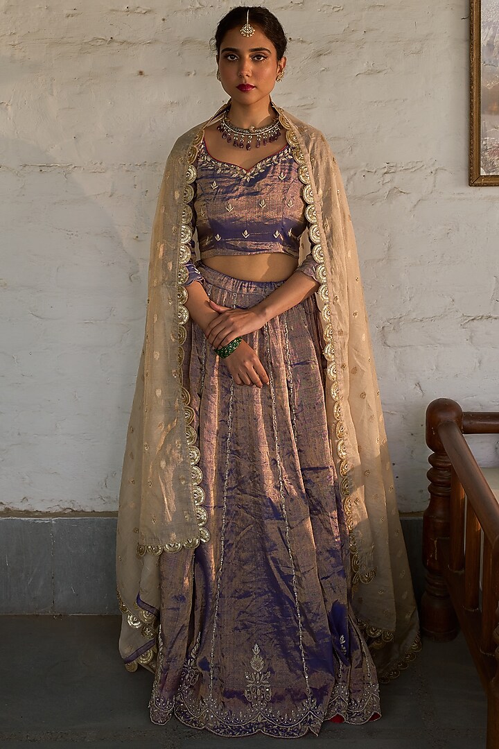 Purple Tissue Zardosi Hand Embroidered Wedding Lehenga Set by Apeksha Jain Label at Pernia's Pop Up Shop