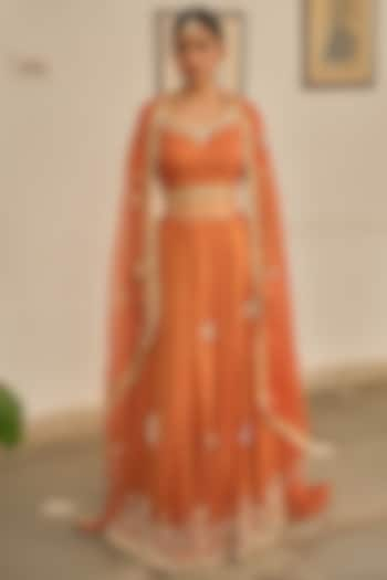 Orange Rust Chanderi Tissue Zardosi Hand Embroidered Lehenga Set by Apeksha Jain Label