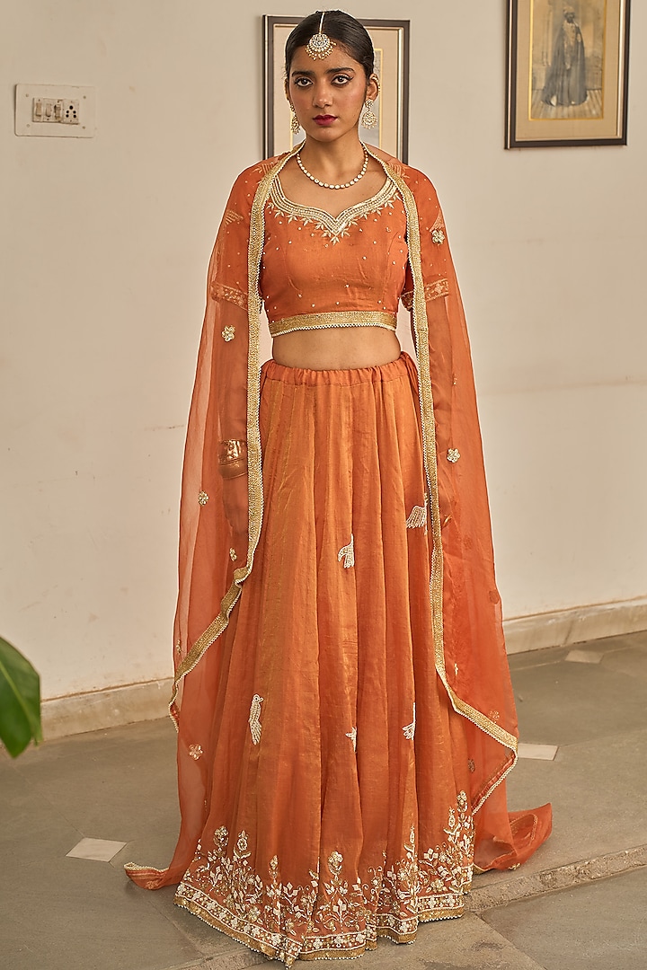 Orange Rust Chanderi Tissue Zardosi Hand Embroidered Lehenga Set by Apeksha Jain Label