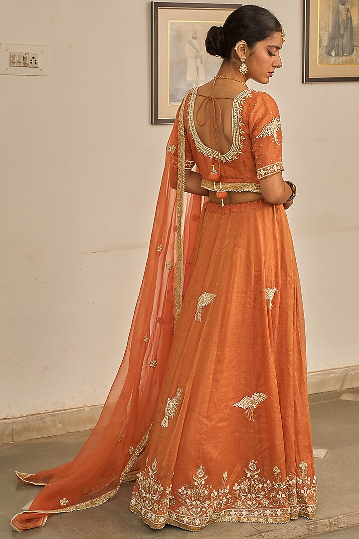 Orange Rust Chanderi Tissue Zardosi Hand Embroidered Wedding Lehenga Set by Apeksha Jain Label at Pernia's Pop Up Shop
