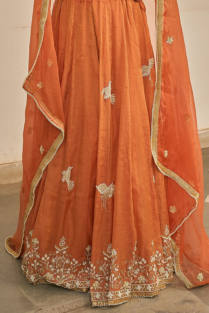 Orange Rust Chanderi Tissue Zardosi Hand Embroidered Wedding Lehenga Set by Apeksha Jain Label at Pernia's Pop Up Shop