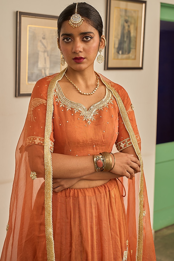 Orange Rust Chanderi Tissue Zardosi Hand Embroidered Wedding Lehenga Set by Apeksha Jain Label at Pernia's Pop Up Shop