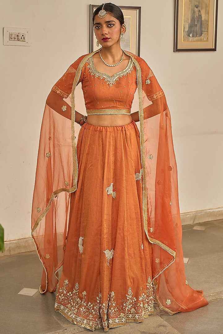 Orange Rust Chanderi Tissue Zardosi Hand Embroidered Wedding Lehenga Set by Apeksha Jain Label at Pernia's Pop Up Shop