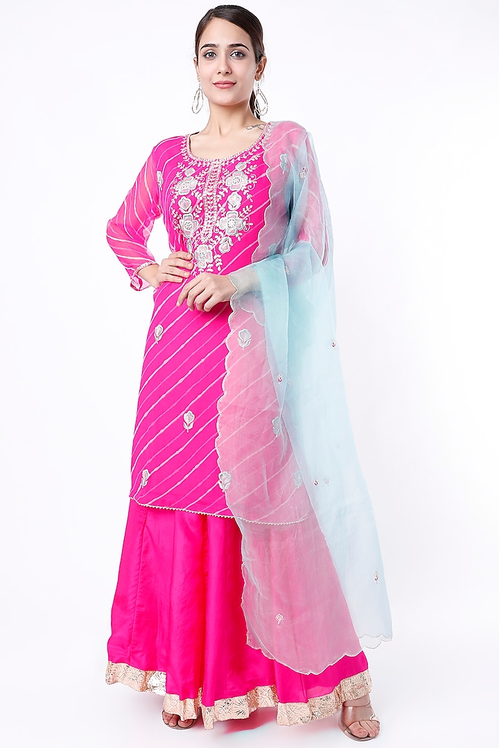 Bright Pink Leheriya Kurta Set by Apeksha Jain Label