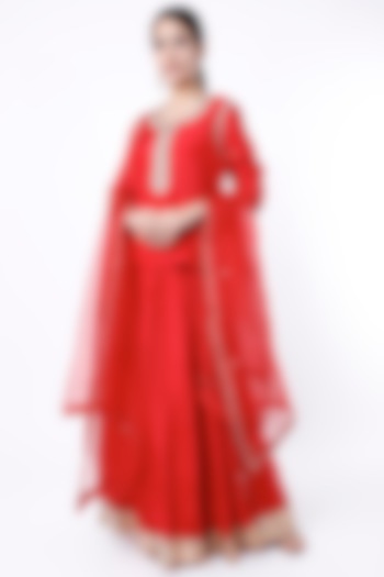 Cherry Red Silk Skirt Set by Apeksha Jain Label