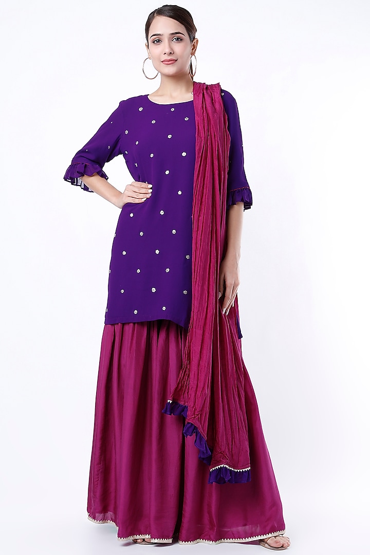 Violet & Wine Silk Sharara Set by Apeksha Jain Label
