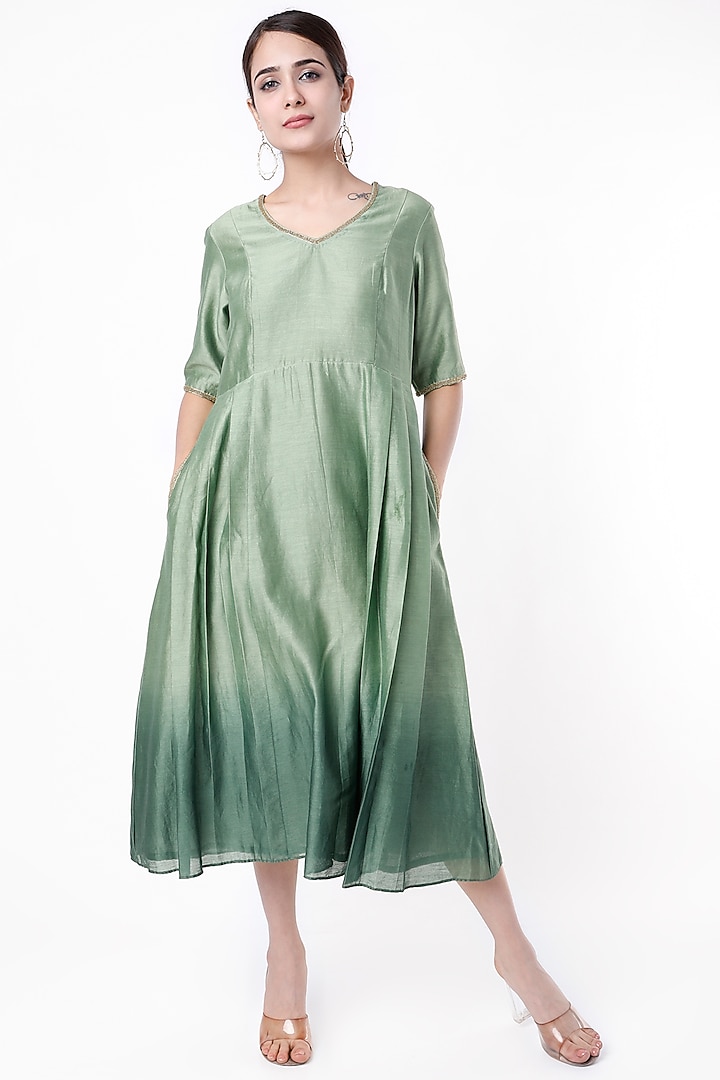 Summer Green Chanderi Pleated Dress by Apeksha Jain Label